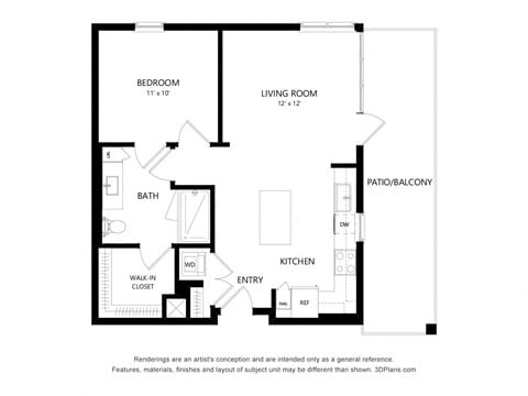 Floor plan for 1 bed, 1 bath, 751 sqft